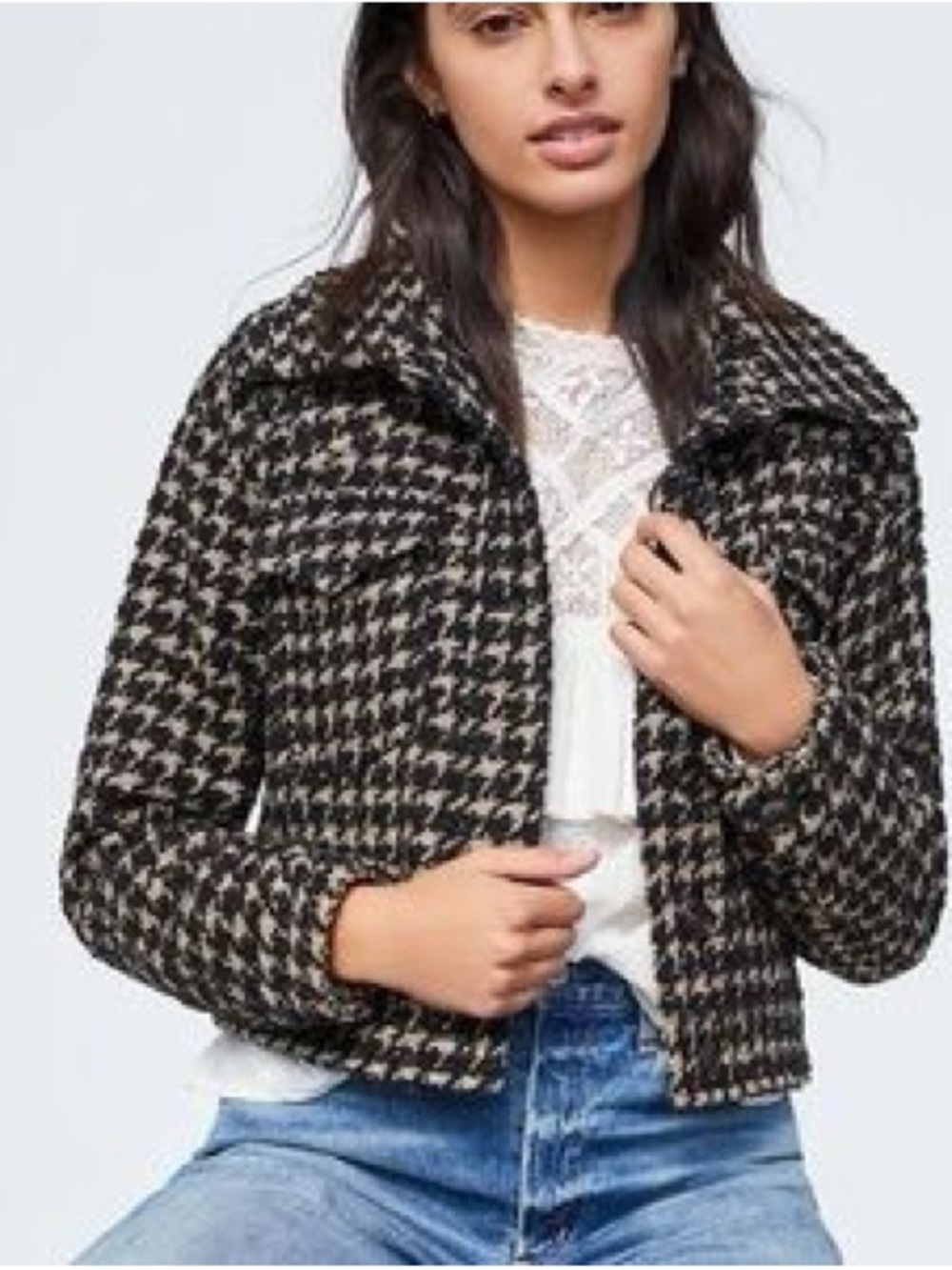 Avec Les Filles Lea Houndstooth Shimmer Cropped Longsleeve Wool Jacket Size M